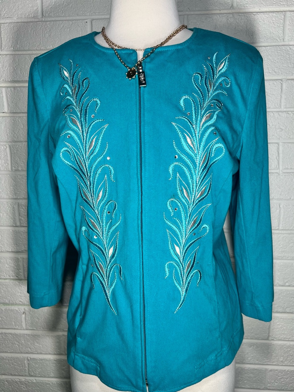 Women’s Turquoise Embroidered Zip-Front Jacket